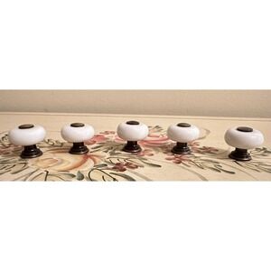 Set‎ of 5 Vintage White Porcelain & Brass Knobs/Pulls~Attic Find~Mushroom Shaped